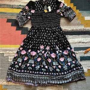 Anthropologie Black and Pink Floral Midi Dress Sz L NWT